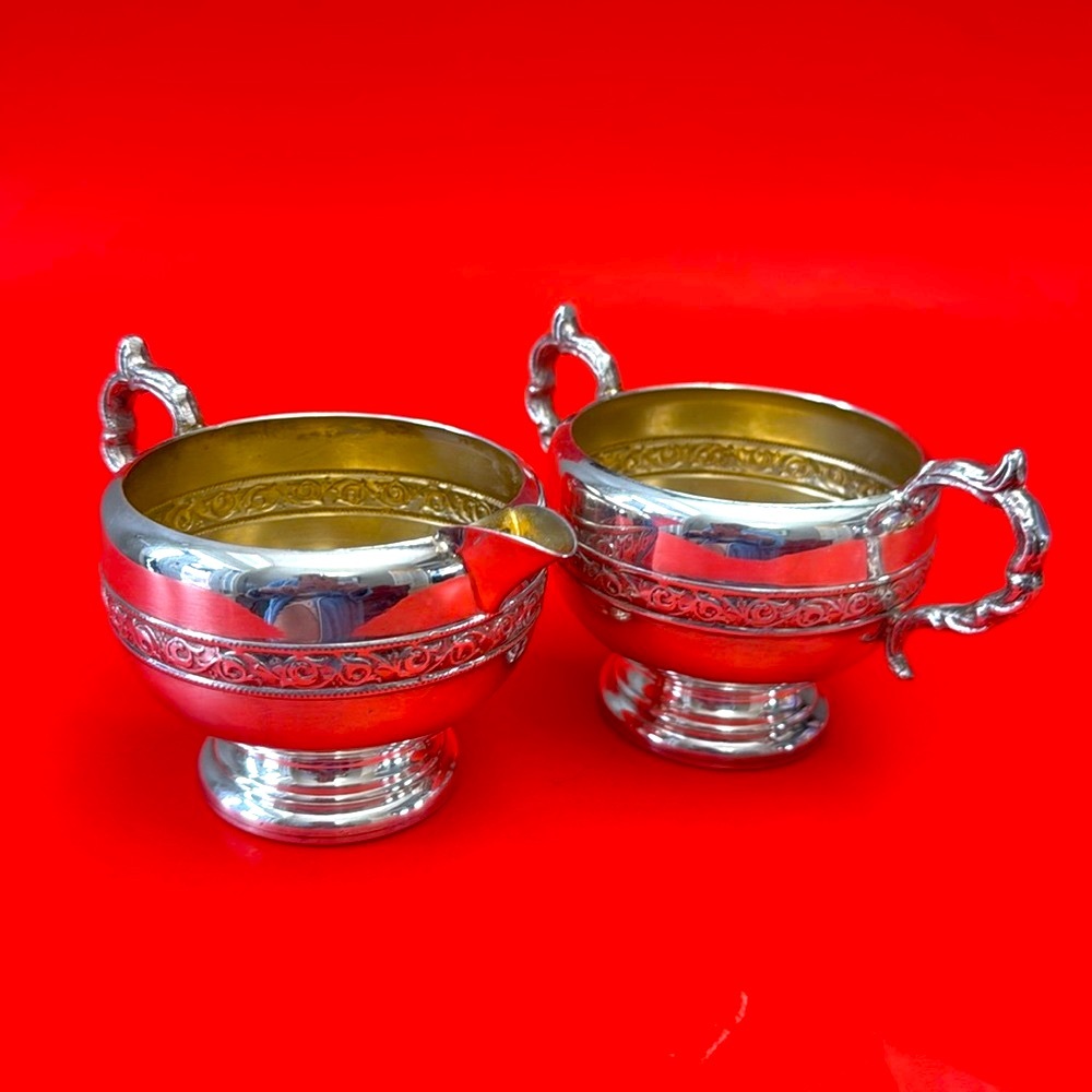 Vintage Viking Plate E.P. Copper Creamer & 2 Handled Sugar Bowl, EVC